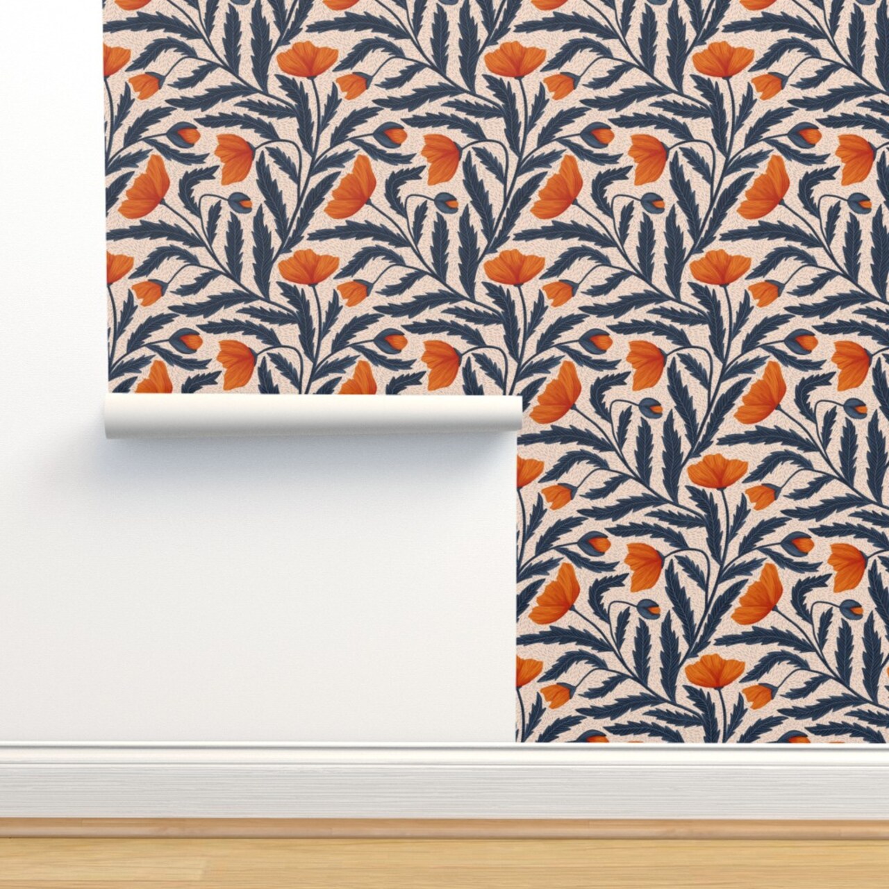 Botanical Chintz Florals Watercolor Poppies Orange Poppy Hand Drawn Vines Custom Removable Wallpaper by Spoonflower Peel & Stick Wallpaper 2FT Wide
